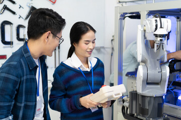 Asian female apprentice engineer in student uniform testing the work of an automation robotic arm machine with a robot controller with a young Asian male CEO giving an advice next to her in factory. - obrazy, fototapety, plakaty