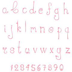 Romantic alphabet. Pink letters and numbers with hearts.