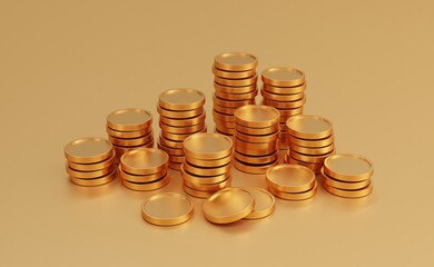 Stack of golden coins on golden background with earning profit concept. Gold coins or currency of business. 3D rendering.