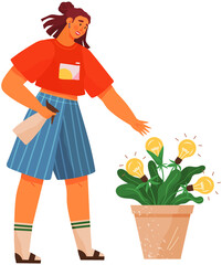 Girl moisturizes light bulb flower with spray bottle. Cultivation of ideas, creative solutions in flower pot. Growing plant with bulbs to find new strategy. Business startup and development concept