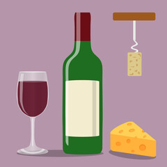 Bottle of wine with glass and corkscrew. Realistic wine bottle icon. Vector illustration.