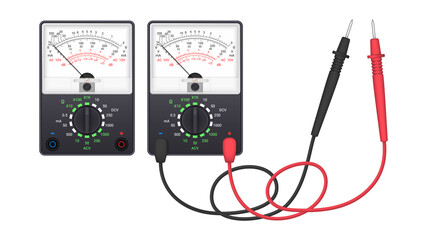 Realistic pointer multimeter with set of probes. Instrument for measuring voltage, current, resistance. Vector illustration. - obrazy, fototapety, plakaty