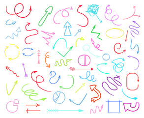 Infographic elements isolated on white. Set of different indicator signs. Tangled hand drawn simple objects. Line art. Abstract circles, arrows and rectangles. Symbols for work