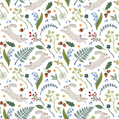 Obraz premium Forest seamless vector pattern with rabbit and florals on white background. Woodland nature wallpaper design