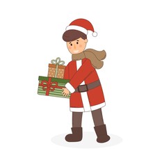 Businessman, dad in a Santa suit holding Christmas gifts, sweets. A young man in winter clothes is enjoying a holiday
