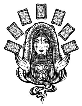 Vector illustration, fortune teller with tarot cards in hand, spirituality and occultism, Handmade, tattoo, print on t-shirt