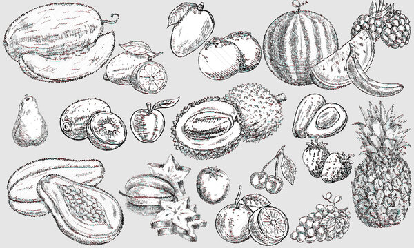 Hand drawn fruits sketch seamless pattern futuristic
