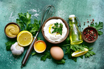 Fresh ingredients for making mayonnaise sauce. Top view with copy space. - obrazy, fototapety, plakaty