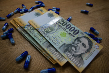 Stack of Hungarian banknotes money (forints). Europe Hungary