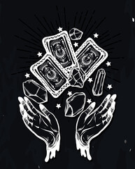 Vector illustration, magic crystals, tarot cards in hand, spirituality and occultism, Handmade, print, background  chalkboard