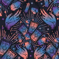 Obraz premium Vector illustration, magic crystals, tarot cards in hand, spirituality and occultism, Handmade, print, dark background, seamless pattern