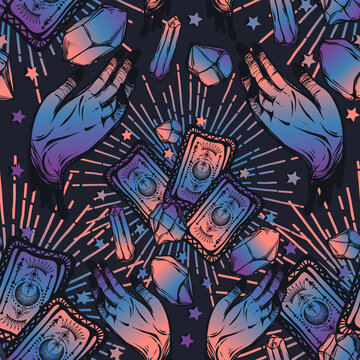 Vector illustration, magic crystals, tarot cards in hand, spirituality and occultism, Handmade, print, dark  background, seamless pattern