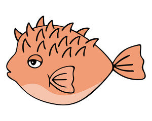 Fish ball. Coral fish. Colored vector illustration. A spiny fish with fins and a tail. Ocean dweller with thorns. Sea puffer. Cartoon style. Isolated background. Idea for web design, books.