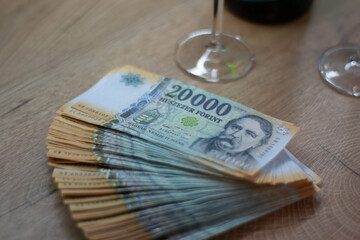 Stack of Hungarian banknotes money (forints). Europe Hungary