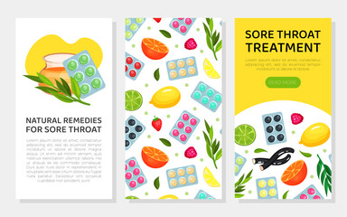 Natural remedies for sore throat web banners set. Sore throat treatment mobile application templates vector illustration