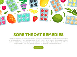 Lozenges landing page template. Sore throat treatment web banner with text vector illustration