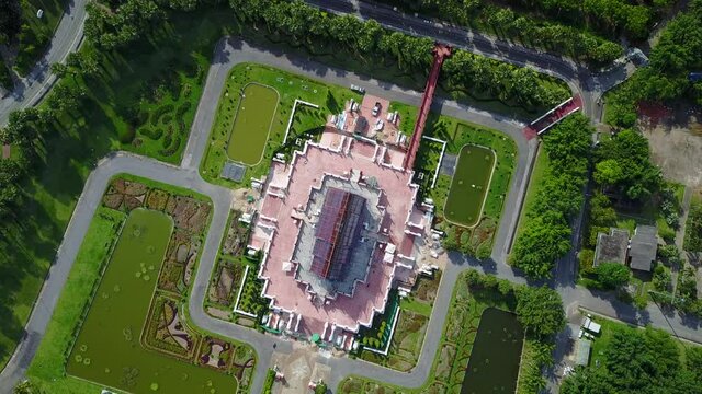 Aerial view of Ho Kham Luang (Royal Pavilion) In Royal Park Rajapruek, temple building style landmark of Chiang Mai, Thailand.
