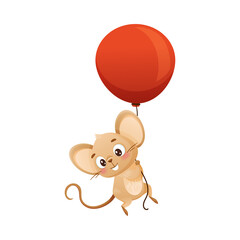 Cute little mouse flying with red balloon. Adorable funny baby animal character cartoon vector illustration
