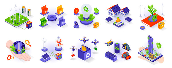 Eco lifestyle concept isometric 3d icons set. Environmental protection, eco friendly technology, green renewable energy, smart home and electric cars, isometry isolated collection. Vector illustration
