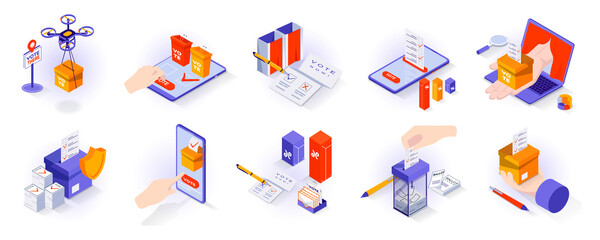 Election and voting concept isometric 3d icons set. E-voting at mobile app or computer, ballot box, candidate lists, results, election security, isometry isolated collection. Vector illustration