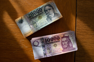 Stack of Hungarian banknotes money (forints). Europe Hungary