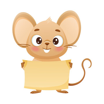 Cute little mouse holding blank banner. Adorable funny baby animal character cartoon vector illustration