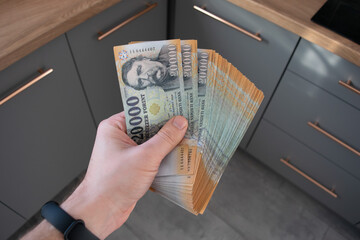 Stack of Hungarian banknotes money (forints). Europe Hungary