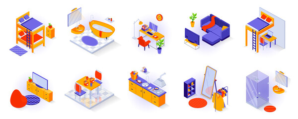 Home interiors elements concept isometric 3d icons set. Furnished rooms isometry isolated collection. Bedroom, bathroom, living room, childs room, kitchen, wardrobe and other. Vector illustration