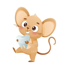 Obraz na płótnie Canvas Cute little mouse carrying human tooth. Adorable funny baby animal character cartoon vector illustration