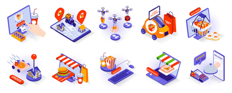 Food Delivery Concept Isometric 3d Icons Set. Online Order From Restaurant At Computer, Tracking Parcel At Mobile App, Courier Or Drone With Package, Isometry Isolated Collection. Vector Illustration