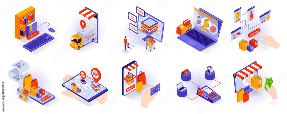 Poster online shopping concept isometric 3d icons set. buying books in bookstore online, ordering goods fro