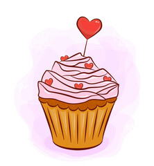 Valentines day cupcake, vector illustration of valentine's day cake with hearts, greeting card poster