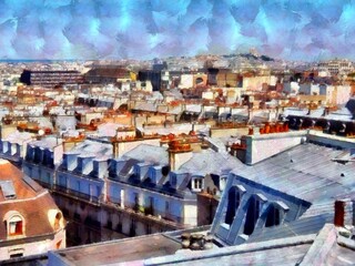 Fototapeta premium Beautiful places in Paris. Colourful views of Paris. Famous outdoor touristic scenes Paris. Large size painting. Hand drawn artwork with oil brush strokes and canvas texture. Card, background, cover. 