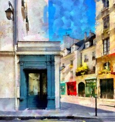 Fototapeta na wymiar Beautiful places in Paris. Colourful views of Paris. Famous outdoor touristic scenes Paris. Large size painting. Hand drawn artwork with oil brush strokes and canvas texture. Card, background, cover. 