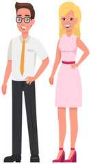 Lovely mature couple man and woman smiling stand side by side together isolated on white background. Businessman and businesswoman, cute girl wearing dress, happy people colleagues in casual clothing