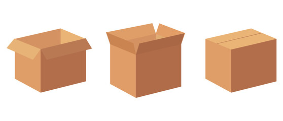 Open and closed boxes. vector set. Set of cardboard box mockups. Vector carton packaging box images. - obrazy, fototapety, plakaty