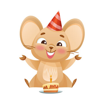 Cute little mouse celebratng birthday with cake. Adorable funny baby animal character cartoon vector illustration
