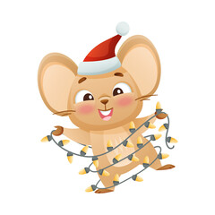 Cute little mouse in Santa hat holding garland. Adorable funny baby animal character cartoon vector illustration