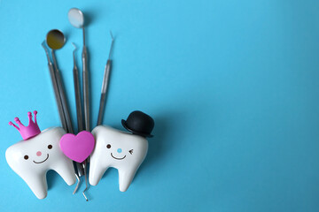 the medicine. concept.stomatology.tooth figurines boy and girl. dentist tools. Valentine's Day....