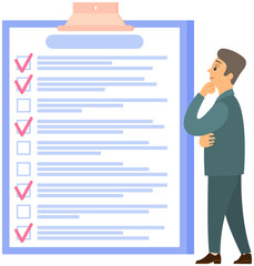 Month scheduling, to do list, time management. Businessman stands near checklist and planning. Plan fulfilled, task completed, timetable on paper sheet. Check list plan, schedule creation concept