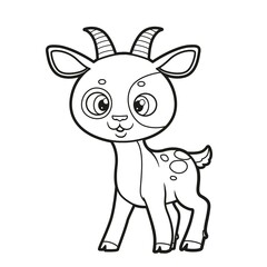 Cute cartoon spotted goatling outlined for coloring page on white background