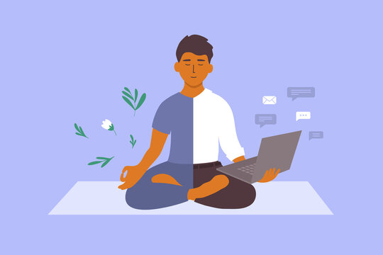 Work life balance vector concept. Business man meditating yoga pose holds laptop in hand. Half of male character choosing healthy relax, leisure, other one career. Dividing office vs home illustration