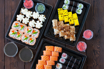 Assorted sushi roll sets. Japanese popular food. Top view.