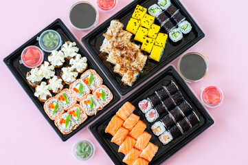 Assorted sushi roll sets. Japanese popular food. Top view.