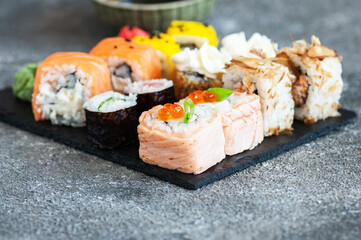 Assorted sushi roll set. Japanese popular food. Close up.