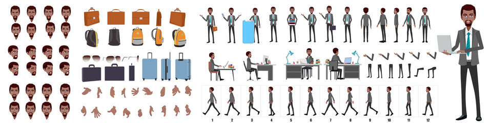 Business Man Character Design Model Sheet. Man Character design. Front, side, back view and explainer animation poses. Character set with lip sync and facial expressions of Happy, angry, sad, Joy with - obrazy, fototapety, plakaty