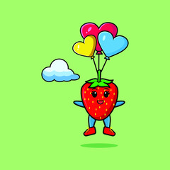Cute cartoon Strawberry mascot is skydiving with balloon and happy gesture cute modern style design for t-shirt, sticker, logo element