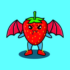 Cute mascot cartoon Strawberry character as dracula with wings in cute modern style for t-shirt, sticker, logo element, poster