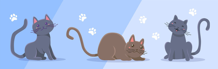 Vector set of illustration of happy cute gray cat character in different pose on blue color background. Flat style design of animal cat with paw print