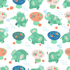 Seamless pattern with cute baby elephants and African plants. Color vector cartoon illustration for fabric design, background.
